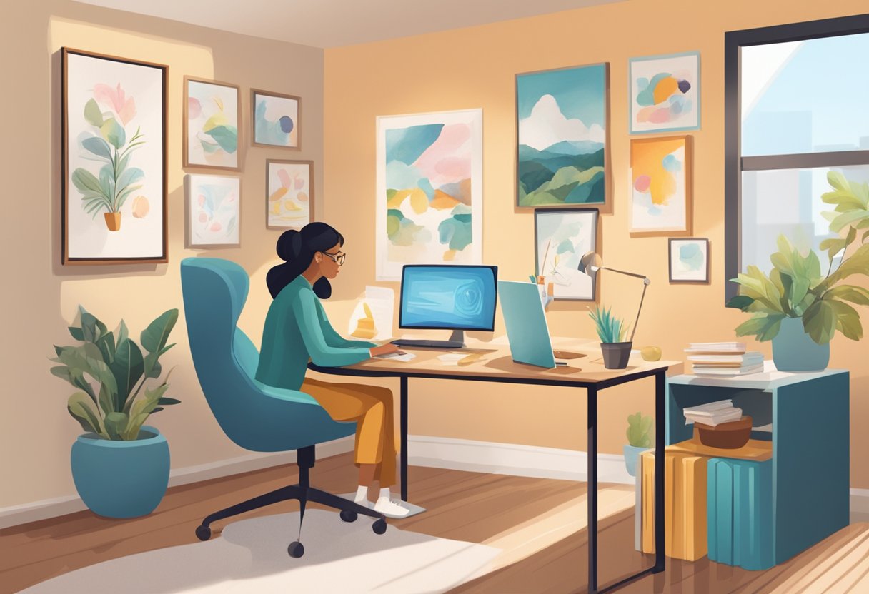 A speech therapist answering questions in a cozy office setting with a desk, computer, and colorful posters on the wall