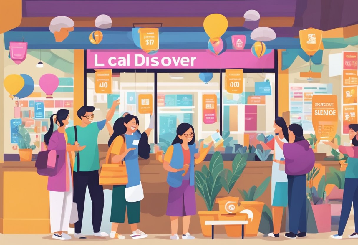 People redeeming SingaporeDiscover Vouchers at local businesses, with colorful signs and happy customers