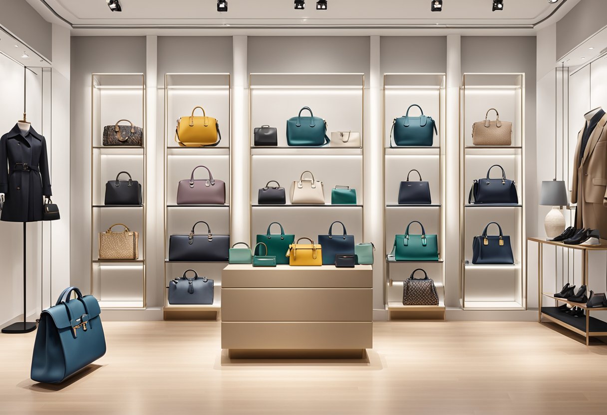 A display of Coach bags in a chic Singapore boutique, with various styles and colors arranged neatly on shelves and mannequins