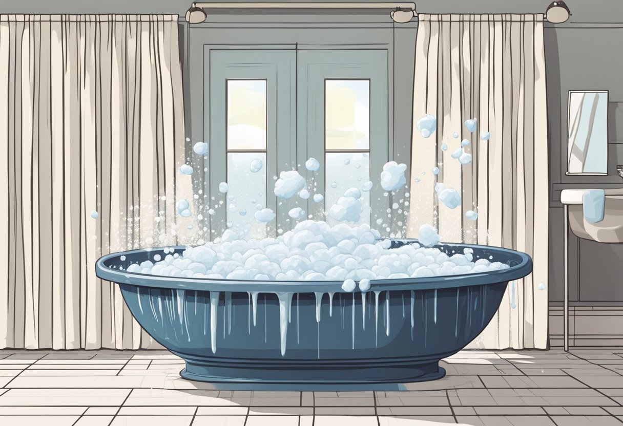 A curtain being carefully washed in a large basin of soapy water, with gentle scrubbing and rinsing