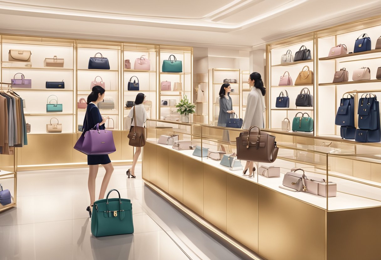 Customers browsing luxury handbags at Coach Singapore store. Brightly lit display shelves showcase the latest collection. Elegant decor and attentive staff create a luxurious shopping atmosphere