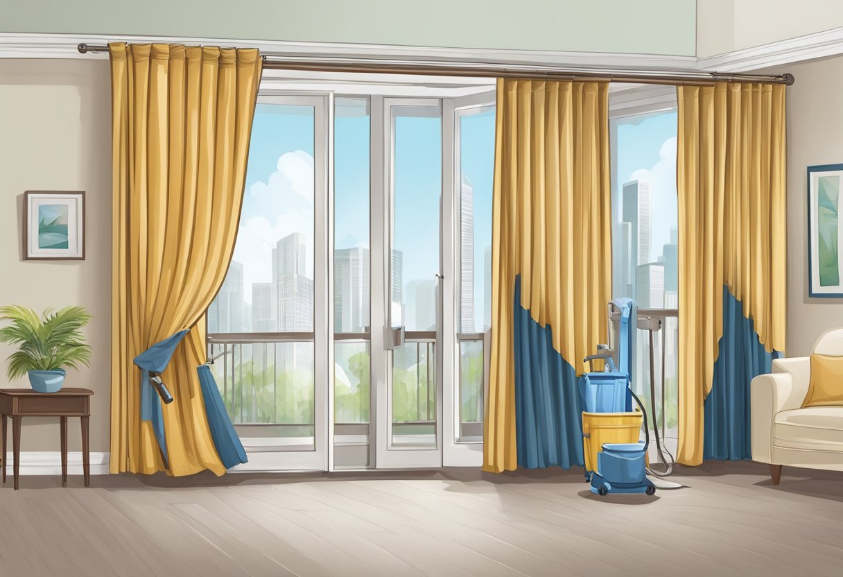 A professional curtain cleaning service in Singapore, with a technician using specialized equipment to wash and restore curtains to their original condition