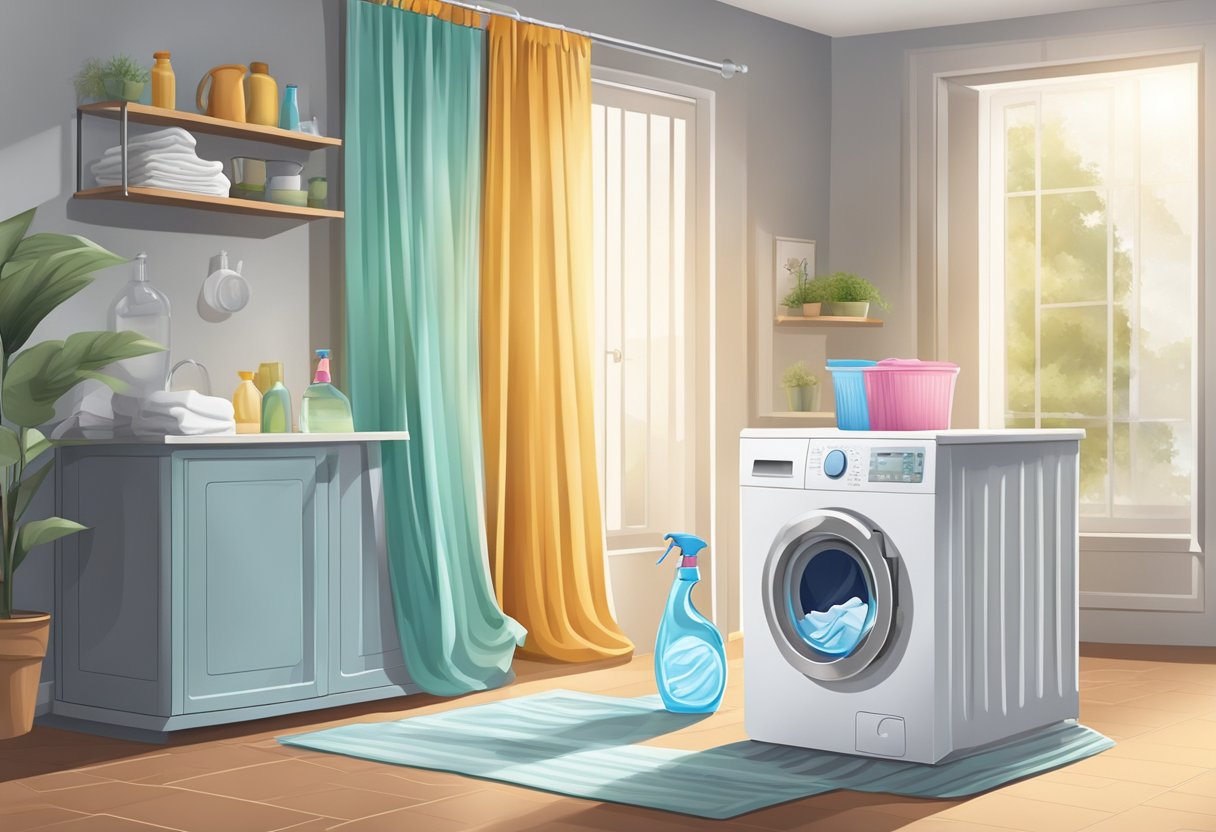 A curtain being washed in a washing machine with a bottle of detergent nearby