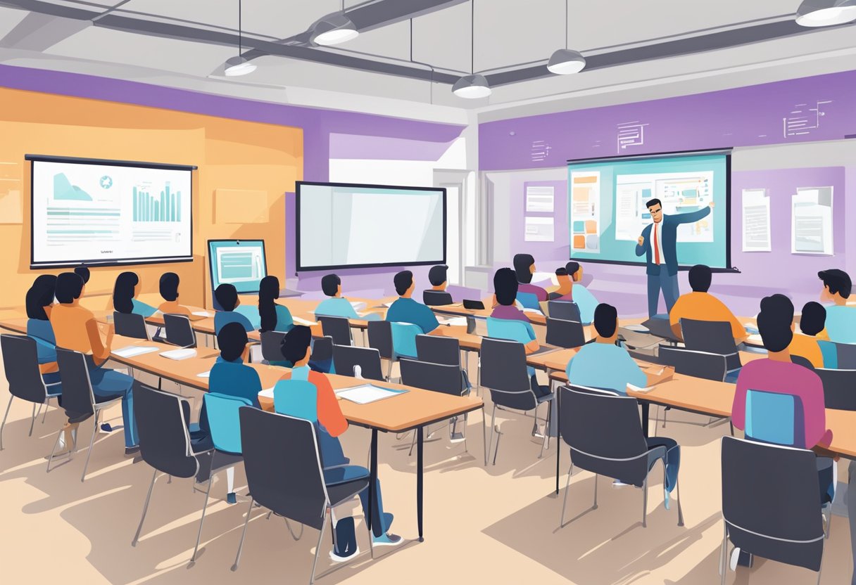 A classroom setting with digital marketing course materials and a presentation screen in Kolkata