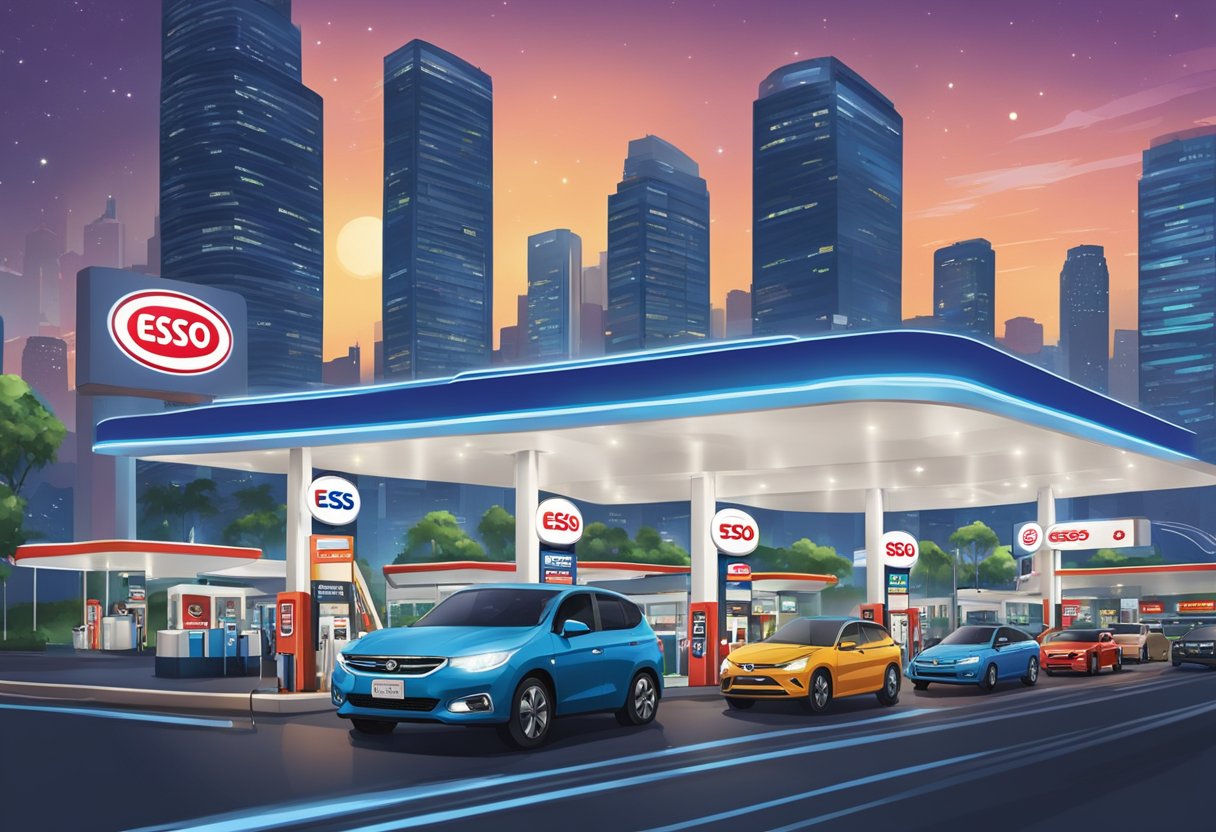 The Esso Singapore gas station is bustling with cars fueling up under the bright lights against the city skyline