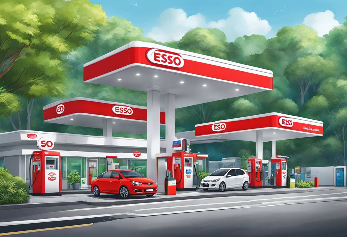 An Esso service station in Singapore, with a bright red and white exterior, fuel pumps, and a convenience store. The station is surrounded by lush greenery and located near a bustling city street
