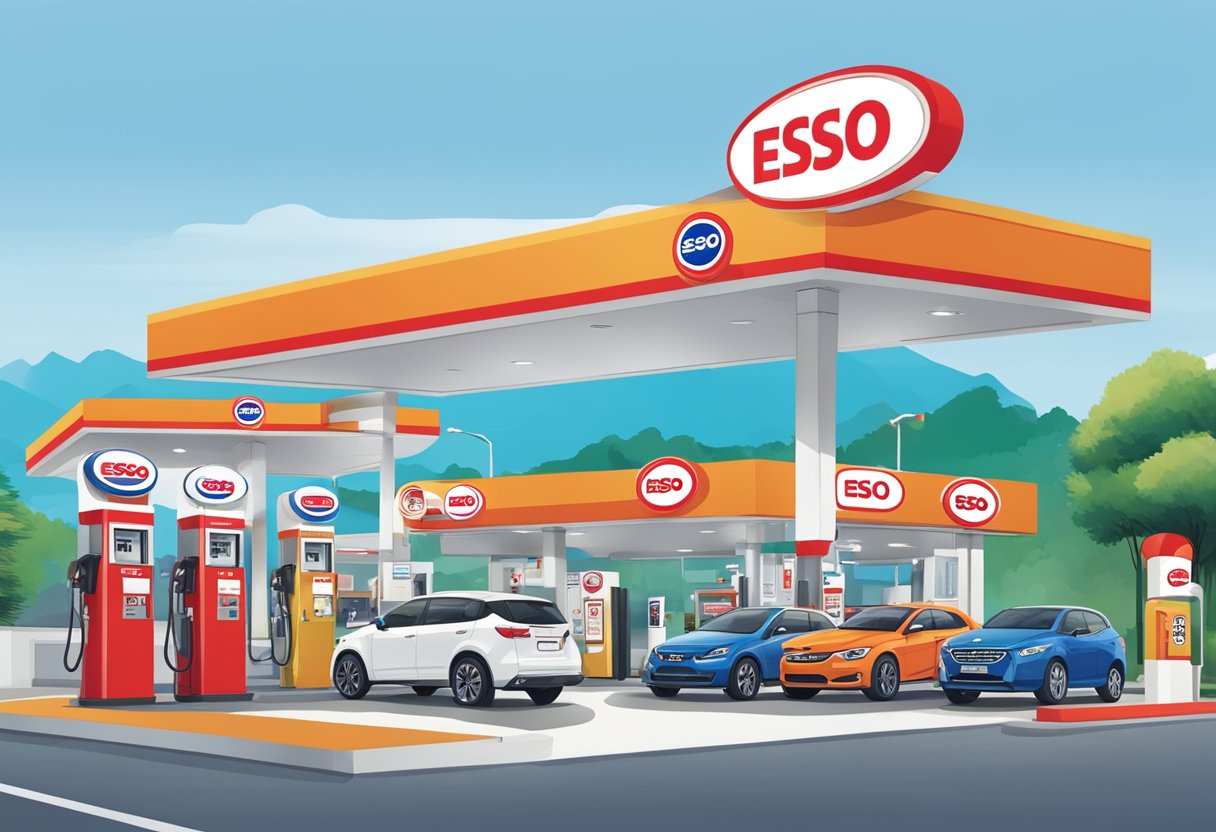 A bustling gas station with signage promoting Esso Singapore partnerships. Fuel pumps, cars, and a convenience store in the background