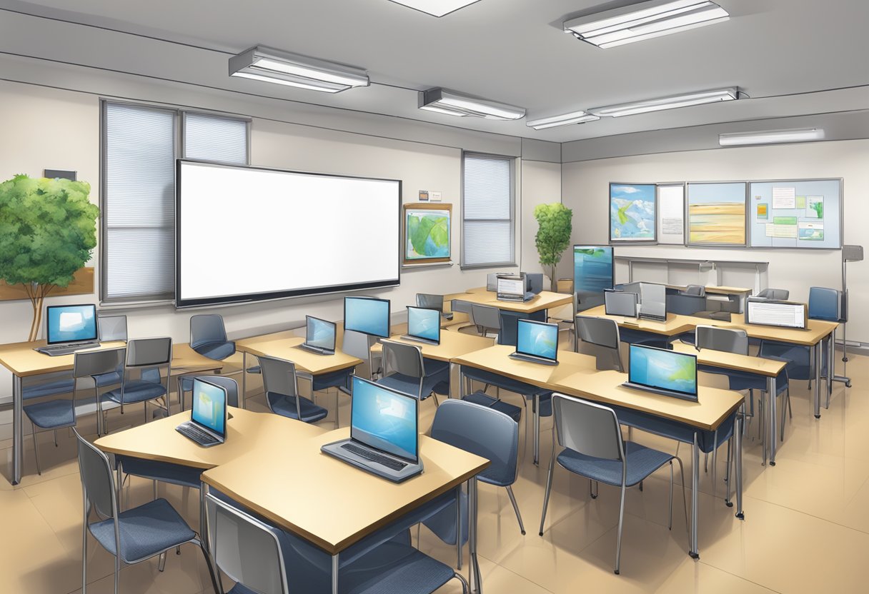 A classroom setting with computer stations, whiteboard, and marketing materials