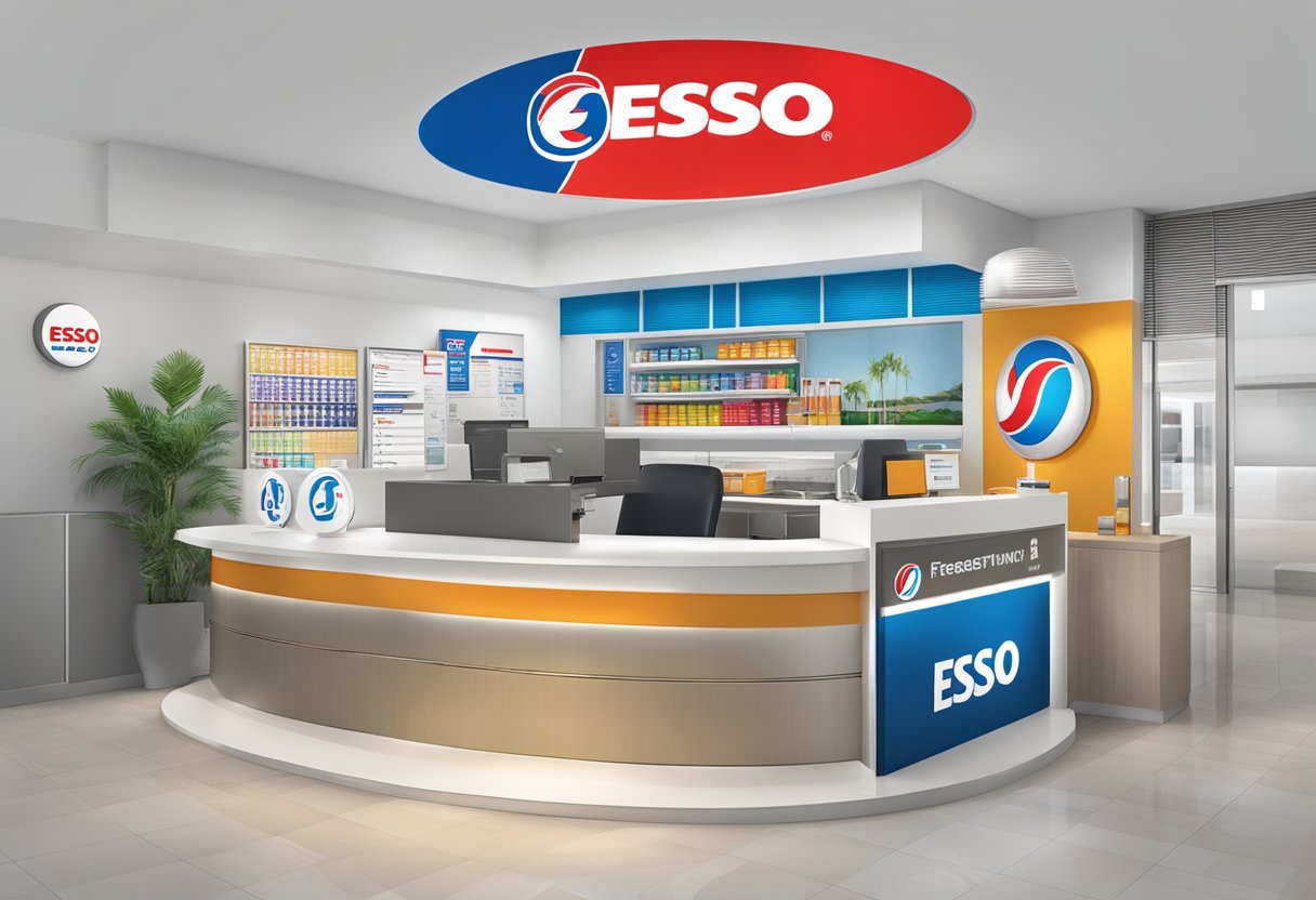 A customer service desk with a sign reading "Frequently Asked Questions" and the logo of Esso Singapore