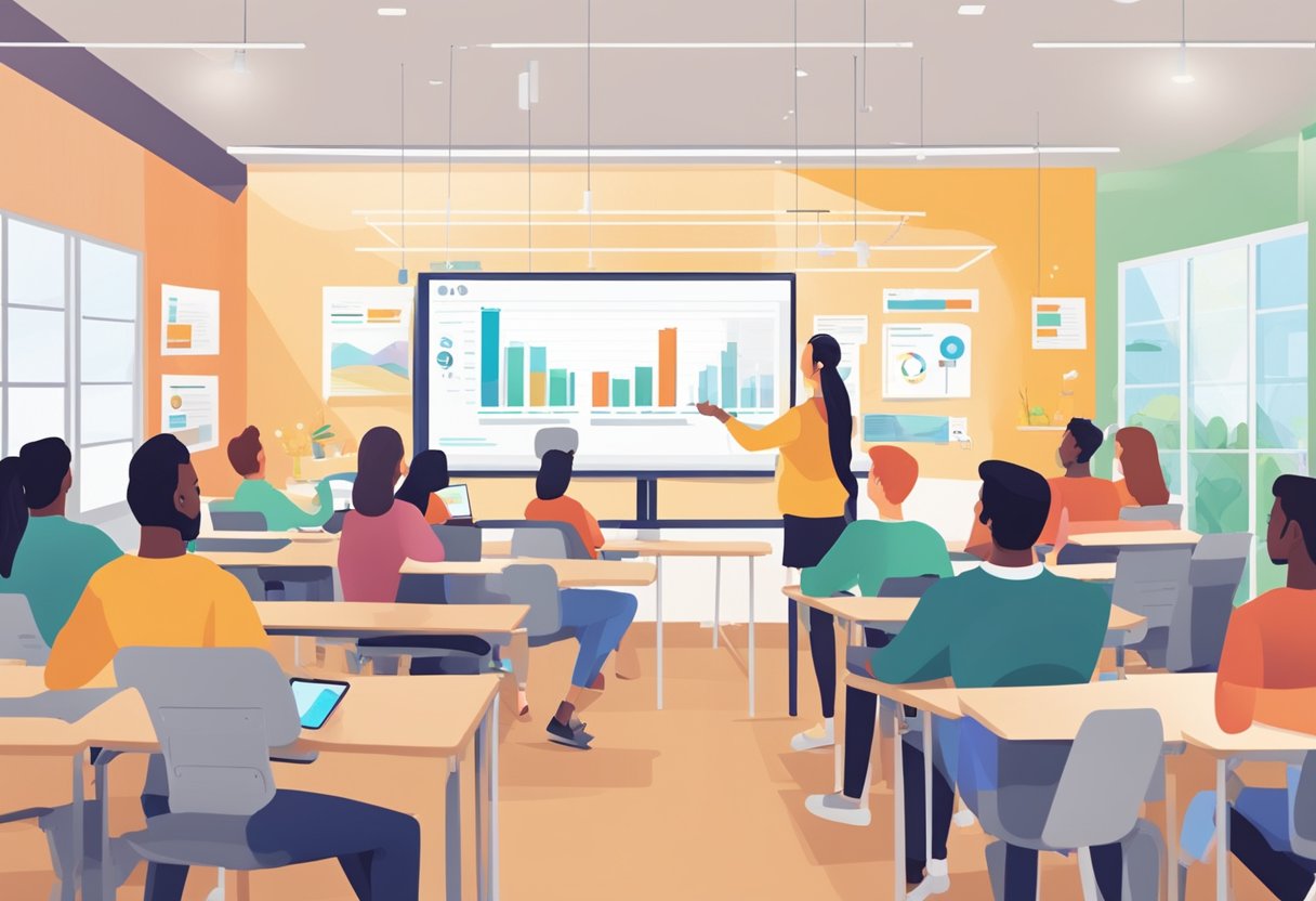 A classroom setting with students engaging in digital marketing training. Charts and graphs showing success metrics displayed on the walls