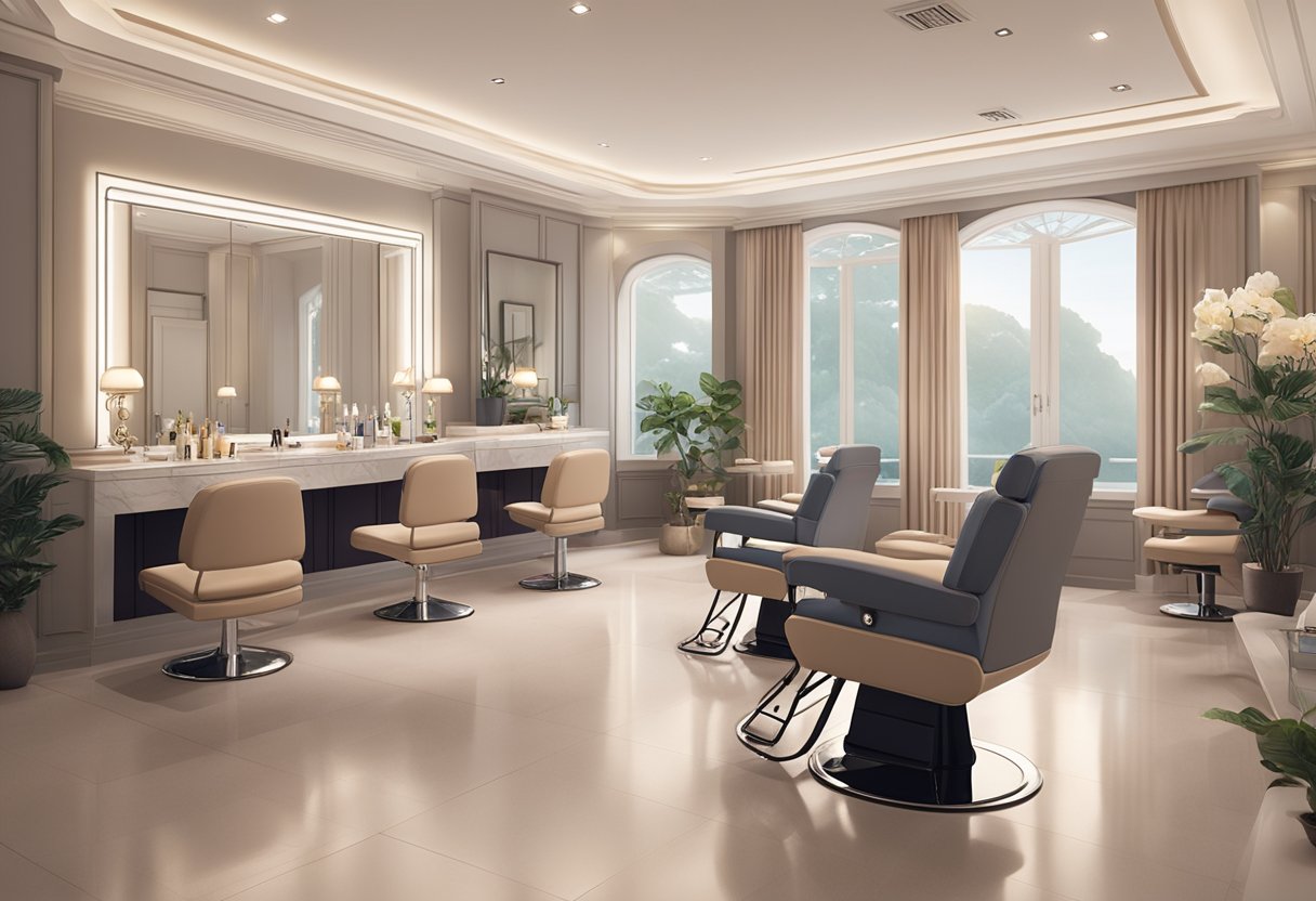 A serene salon setting with soft lighting and comfortable seating, showcasing a professional technician performing eyebrow embroidery in Singapore