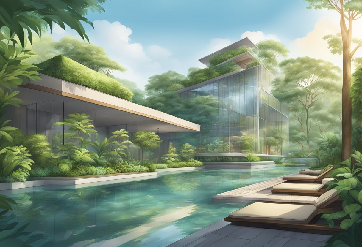 A serene spa in Singapore, with lush greenery, calming water features, and modern architecture