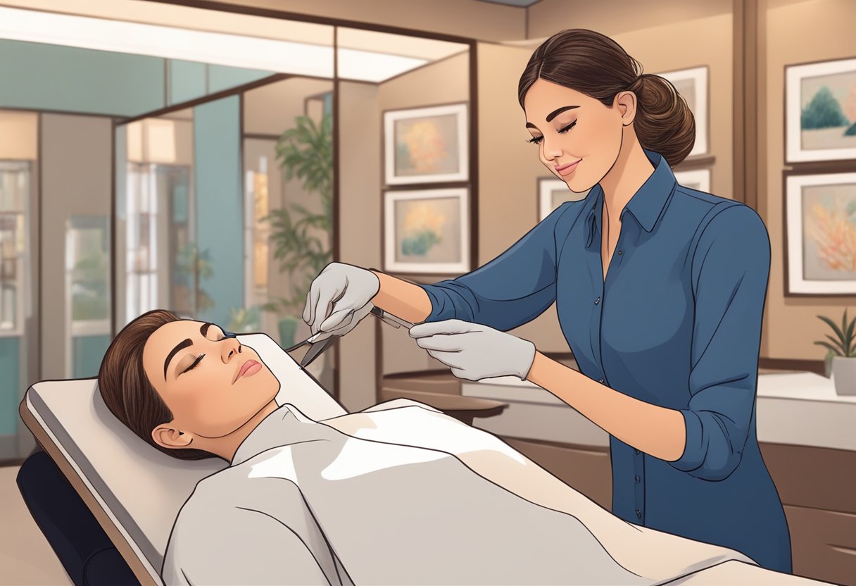 A serene salon setting with a skilled technician meticulously embroidering natural-looking eyebrows on a client's brow area. Soft lighting and a calm atmosphere enhance the experience