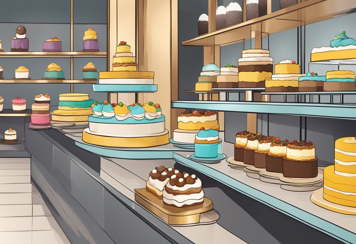 A table displaying various eggless cake options in a modern bakery in Singapore, with colorful and decadent cakes arranged neatly on cake stands