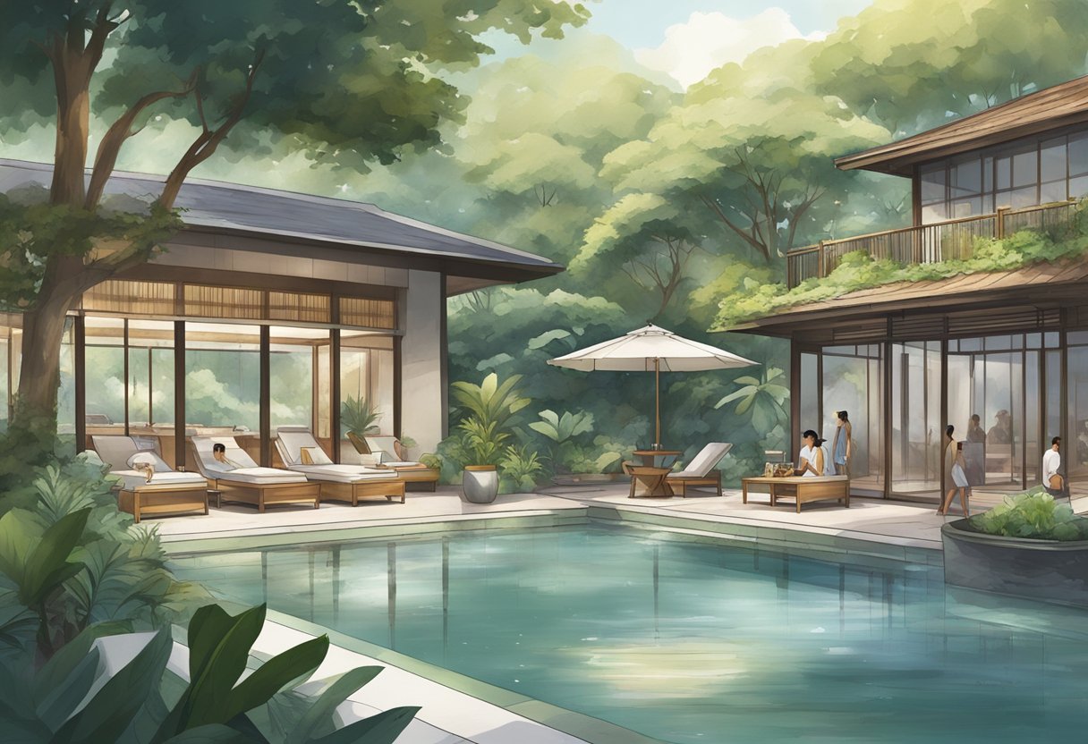 Guests enjoying various spa facilities, such as hot pools, saunas, and relaxation areas, surrounded by lush greenery and calming water features at G.Spa in Singapore