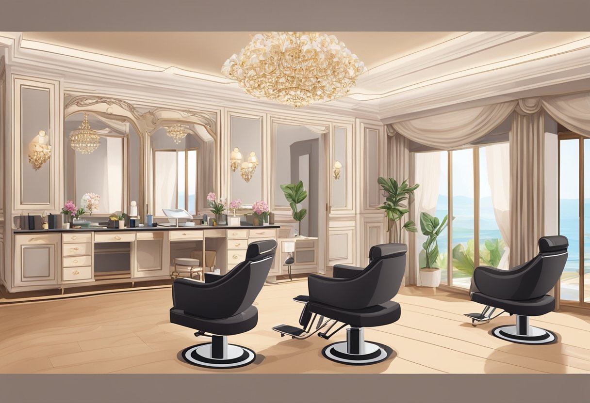 A serene salon setting with elegant decor and a skilled technician performing eyebrow embroidery on a satisfied client