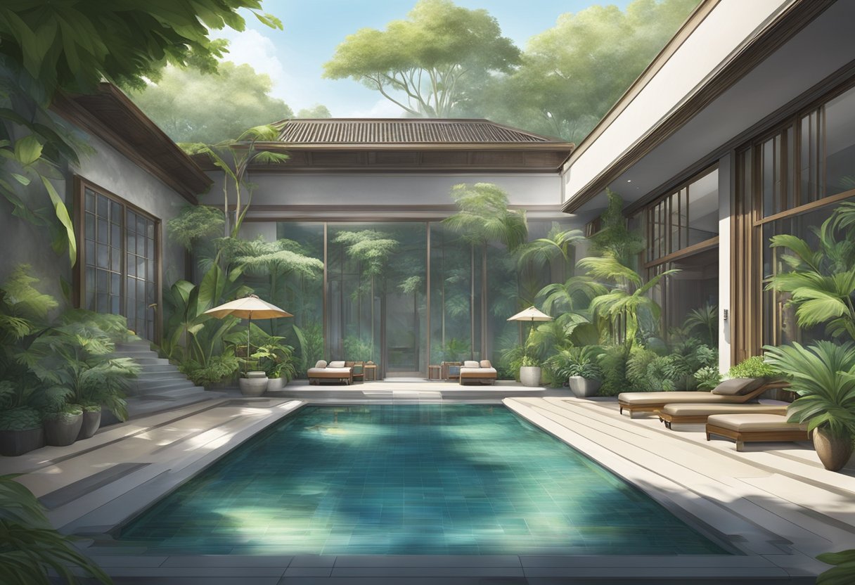 A serene pool surrounded by lush greenery, with a tranquil atmosphere and elegant architecture at G.Spa Singapore
