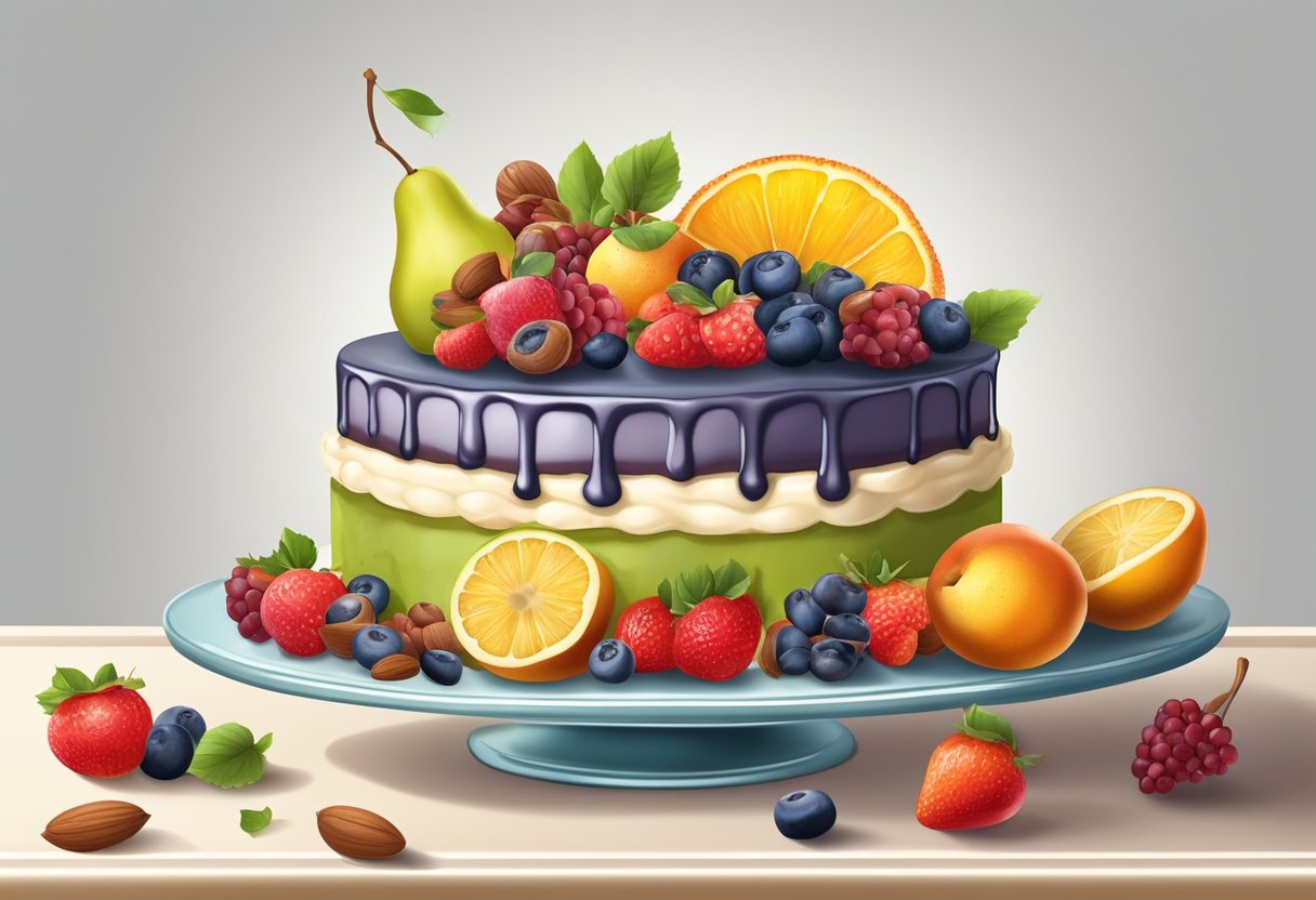 A colorful spread of fresh fruits and nuts arranged around a decadent, moist eggless cake, with a focus on health and nutrition