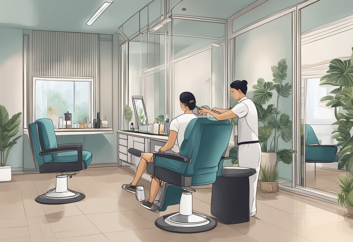 A customer sitting in a comfortable chair while a technician carefully applies eyebrow embroidery in a clean and modern salon setting in Singapore