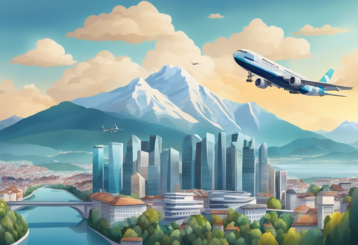 A plane flying from Singapore to Zurich over city skylines and mountains