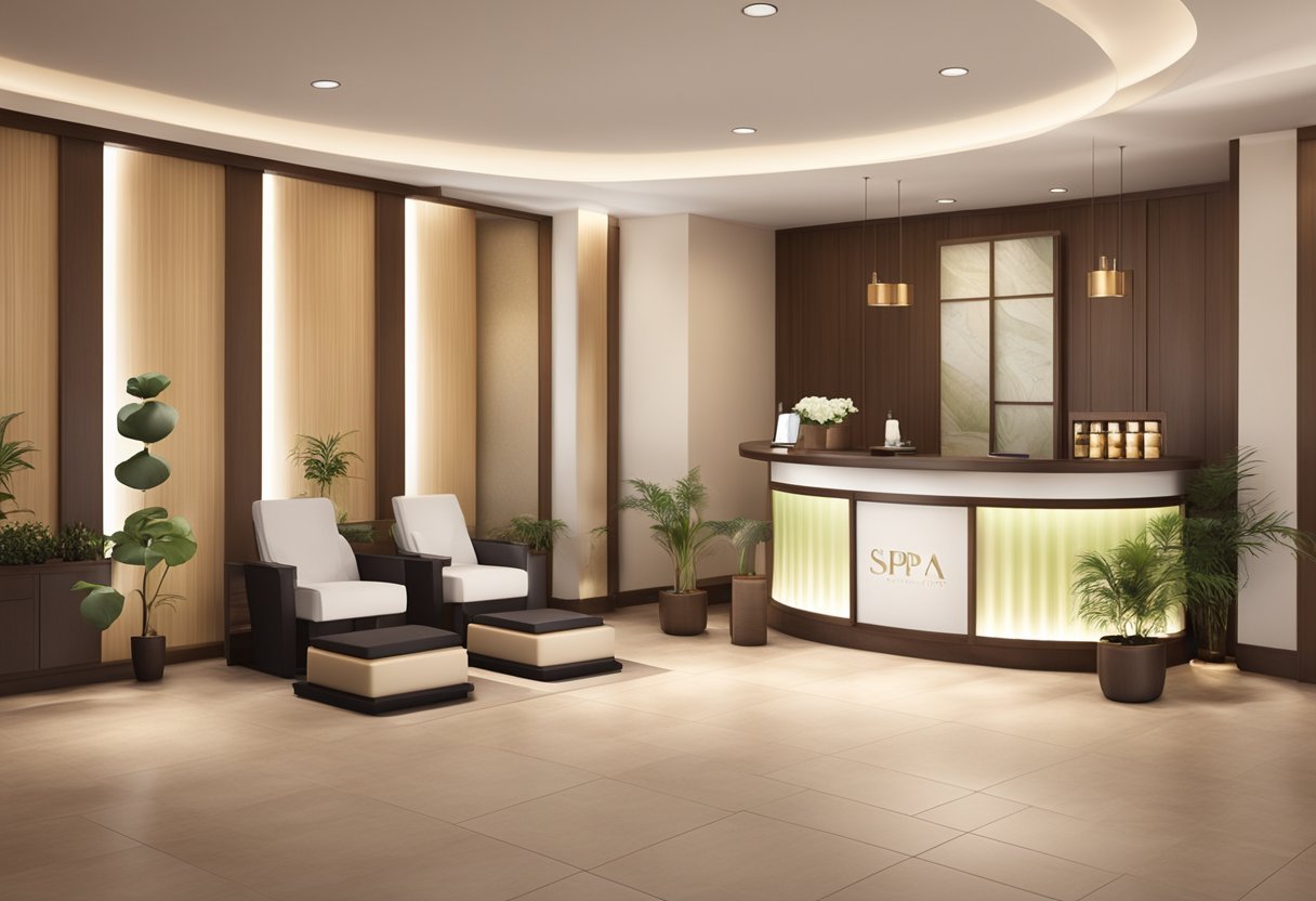 A serene spa reception with a front desk, comfortable seating, and a display of spa products