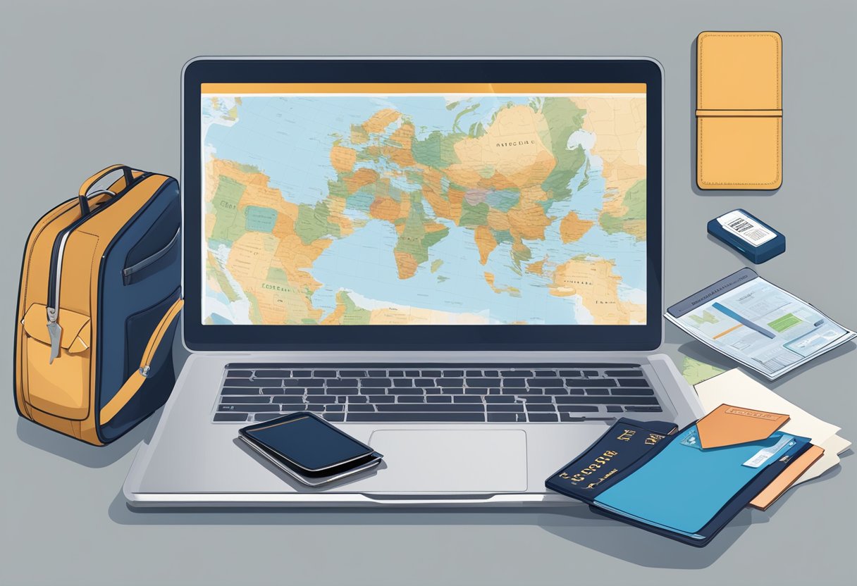 Passport, map, and tickets laid out on a table. Suitcase open with clothes being packed. Laptop open with travel itinerary displayed