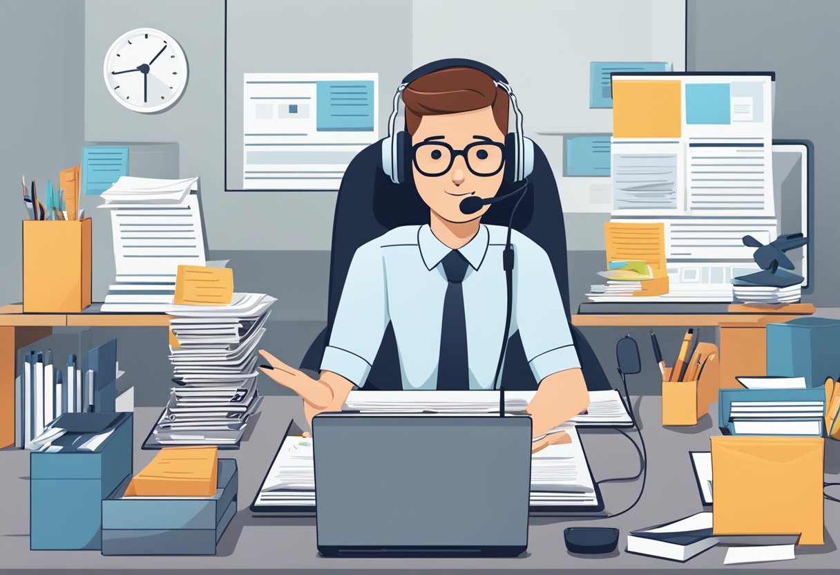 A customer service representative answers questions at a desk with a computer and phone, surrounded by a stack of FAQ documents