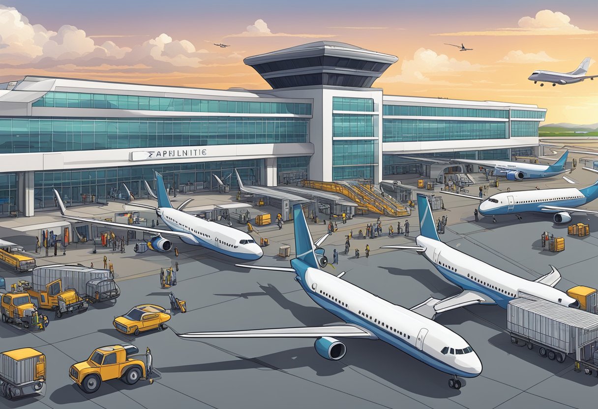 A bustling airport terminal with planes on the tarmac, passengers boarding, and luggage being loaded onto the aircraft