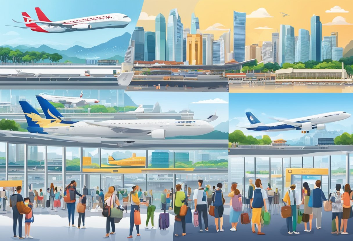 Passengers inquiring at airport desks, planes in flight, city skylines, and iconic landmarks of Singapore and Zurich