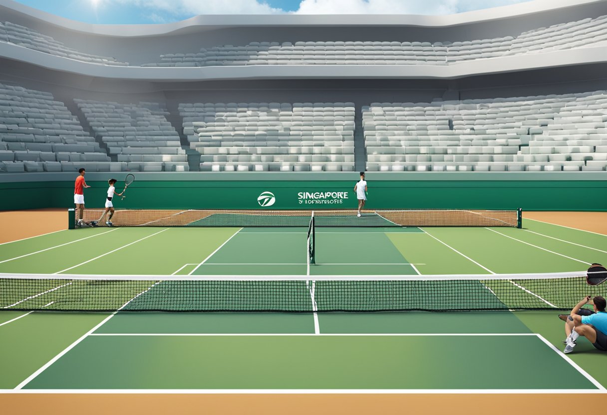 The Singapore Tennis Association logo displayed prominently on a banner at a tennis court with players in the background
