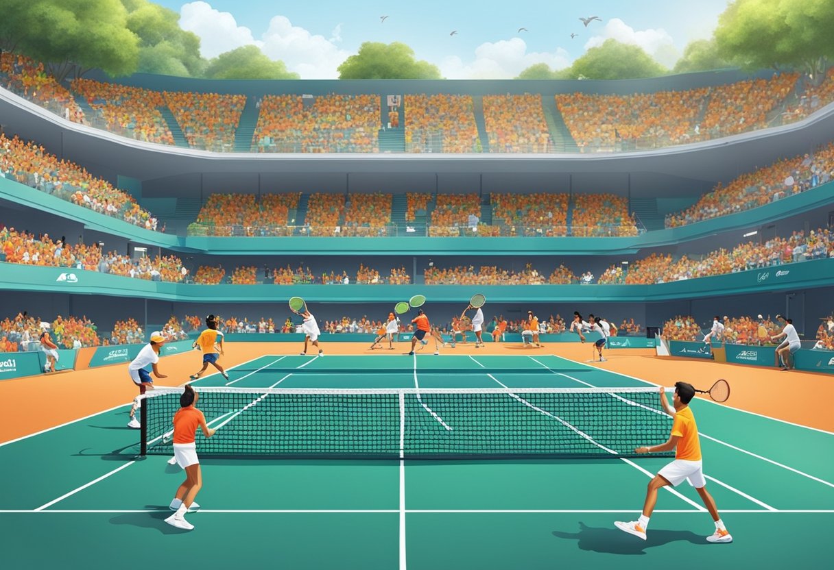 Players compete on vibrant tennis courts, surrounded by cheering spectators and coaches. The Singapore Tennis Association promotes skill development and healthy competition