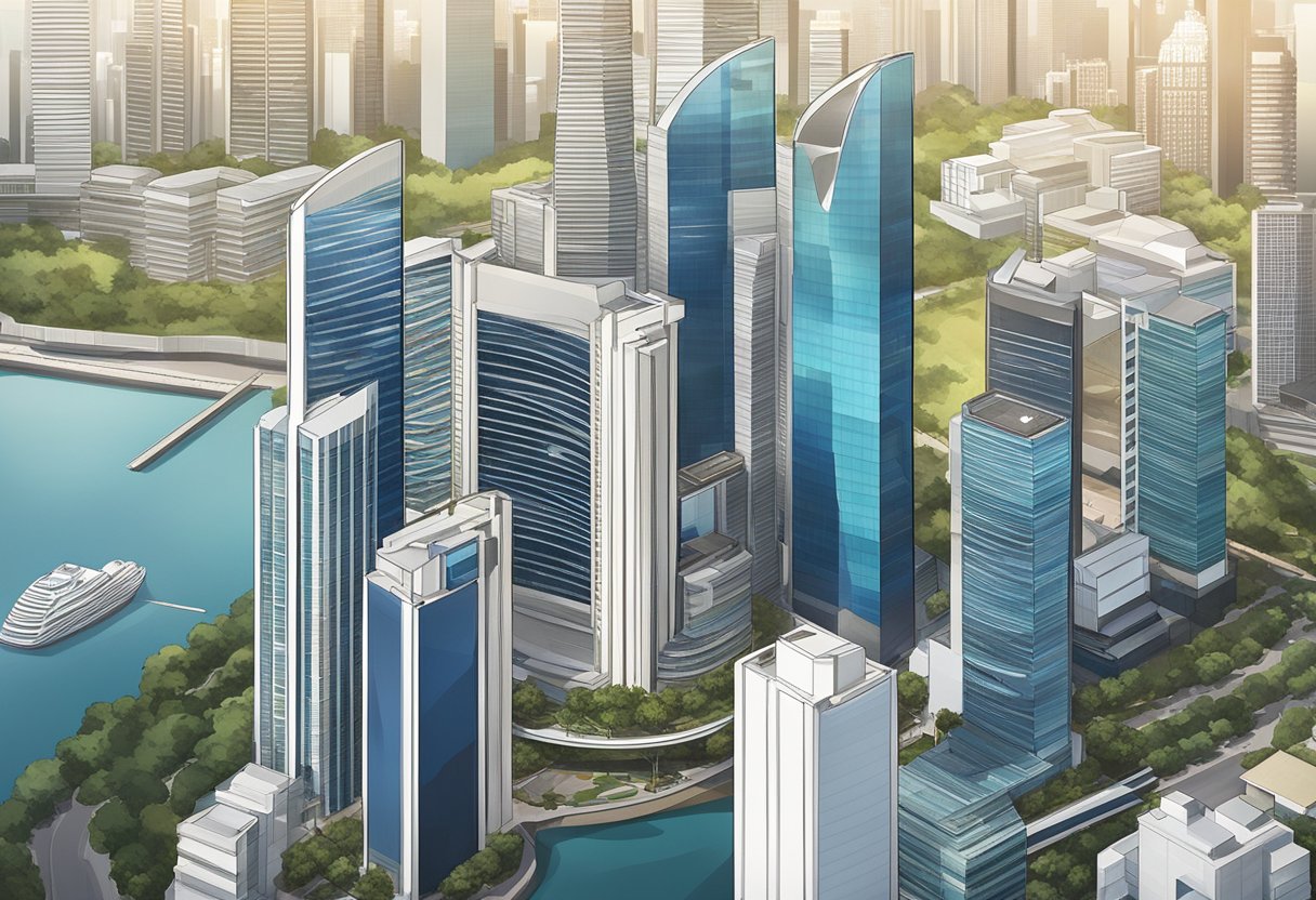 The bustling cityscape of Singapore surrounds the sleek and modern skyscraper of Goldman Sachs, with its distinctive logo shining in the sunlight