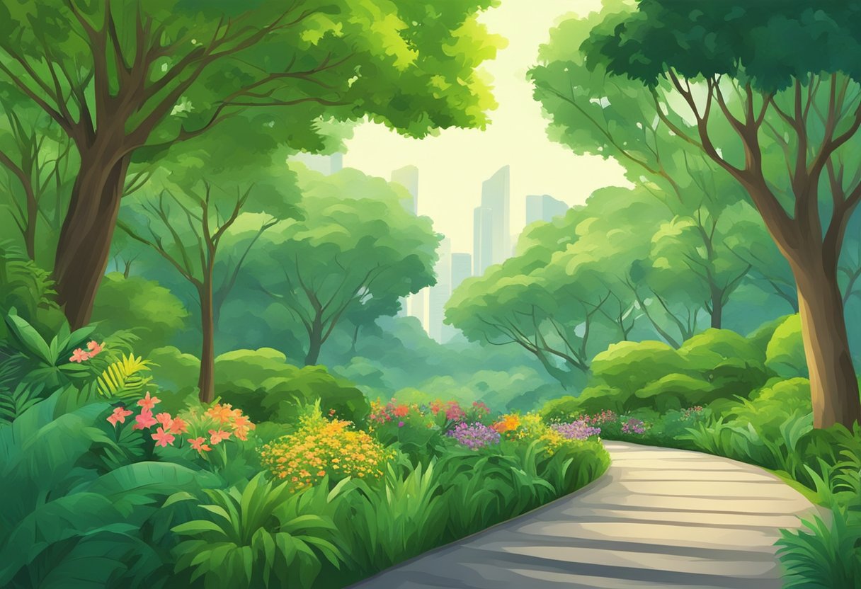 A lush green park in Singapore with vibrant foliage and a serene atmosphere
