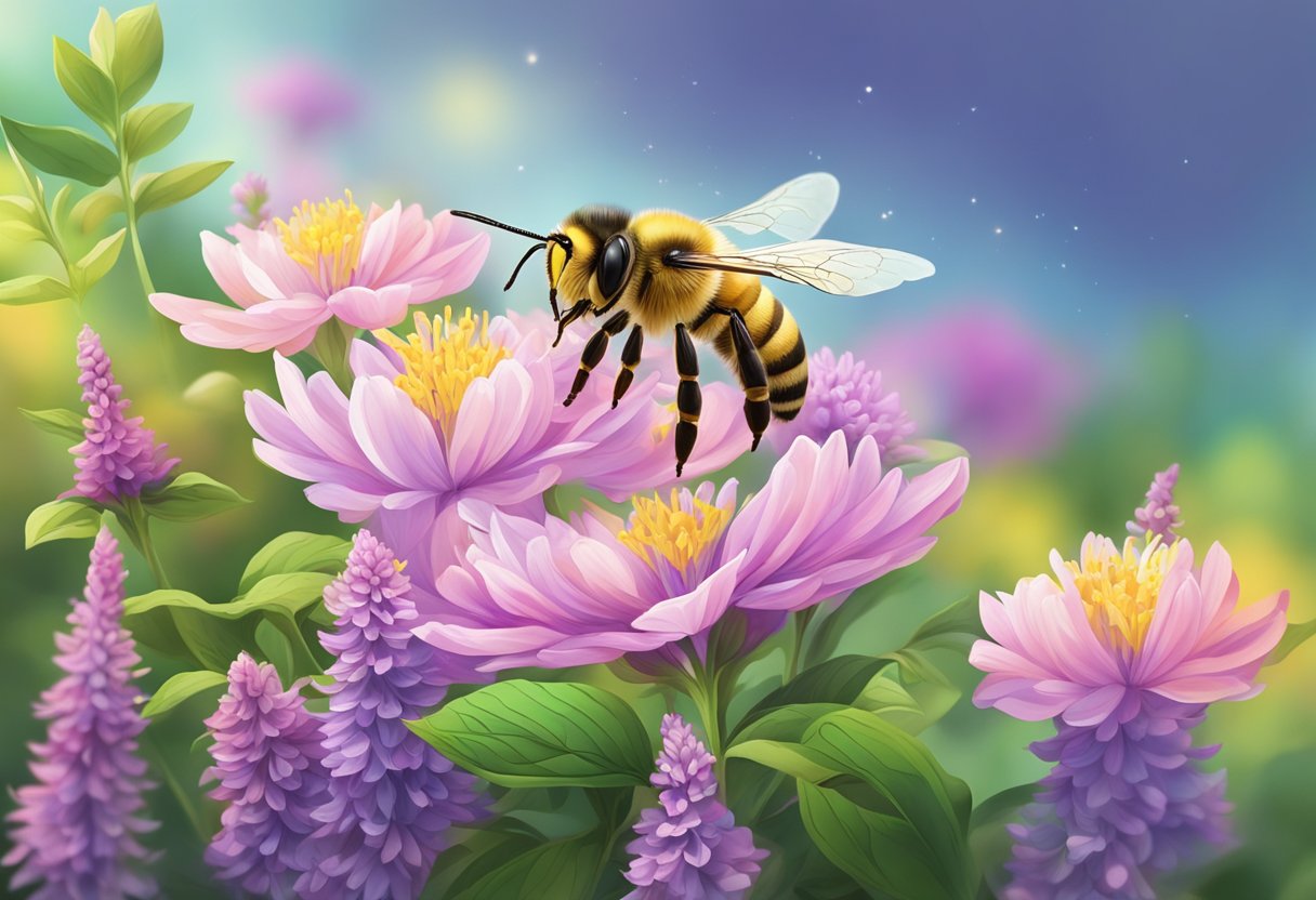 A honeybee hovers over a vibrant, blooming flower in the lush gardens of Singapore