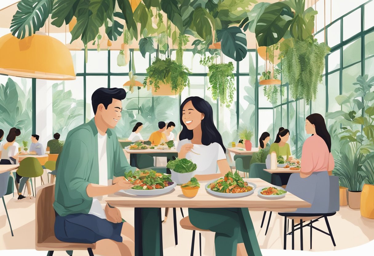 Customers enjoying a variety of plant-based dishes at Green Common Singapore. Vibrant, fresh ingredients displayed in a modern, inviting setting