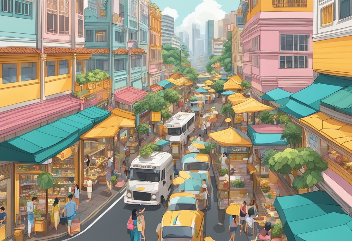 A bustling street in Singapore, lined with honeybee-inspired eateries. Colorful signs and decor mimic honeycombs, while patrons enjoy sweet treats and buzzing atmosphere