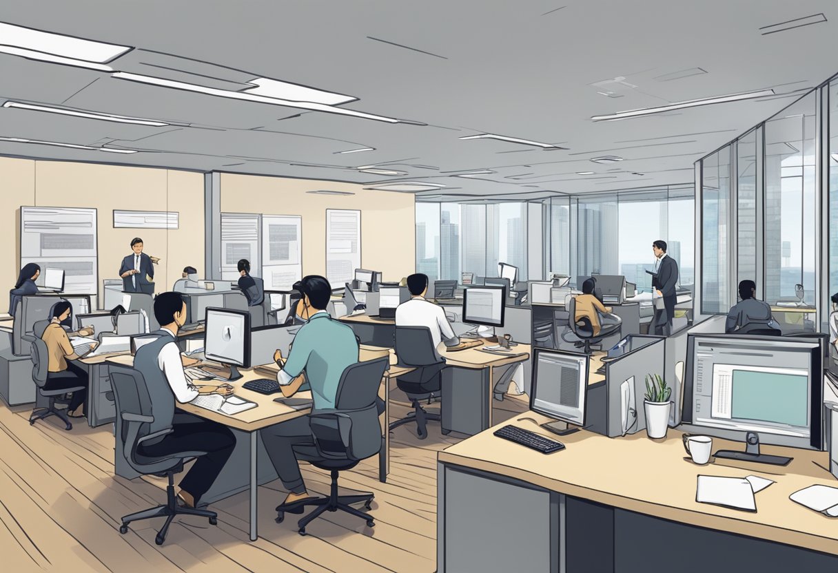 A bustling office with employees at their desks, answering phones and typing on computers. A prominent sign on the wall reads "Frequently Asked Questions Goldman Sachs Singapore."