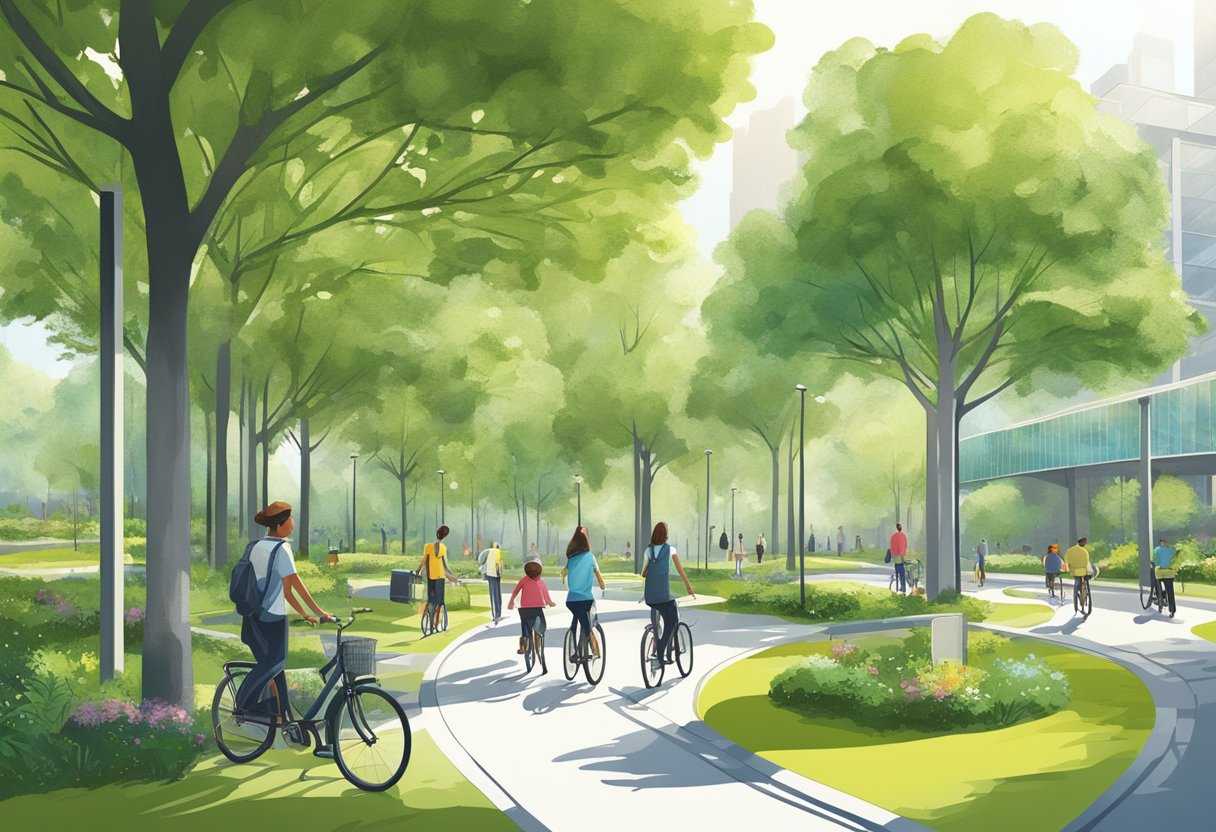 A lush green park with modern buildings, solar panels, and recycling bins. Bicycles and pedestrians share the tree-lined paths