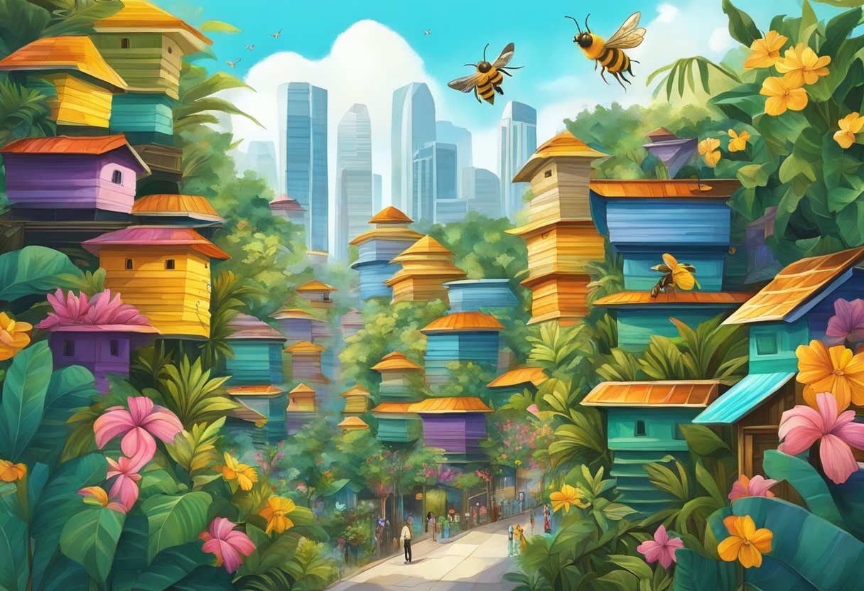Vibrant honeybee hives nestled among lush tropical flora, surrounded by bustling markets and colorful street art in Singapore