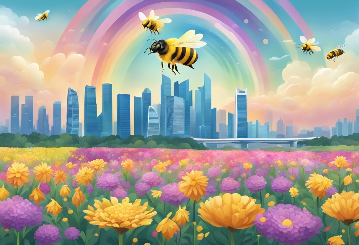 A honeybee hovering over a field of colorful flowers, with a backdrop of the Singapore skyline in the distance
