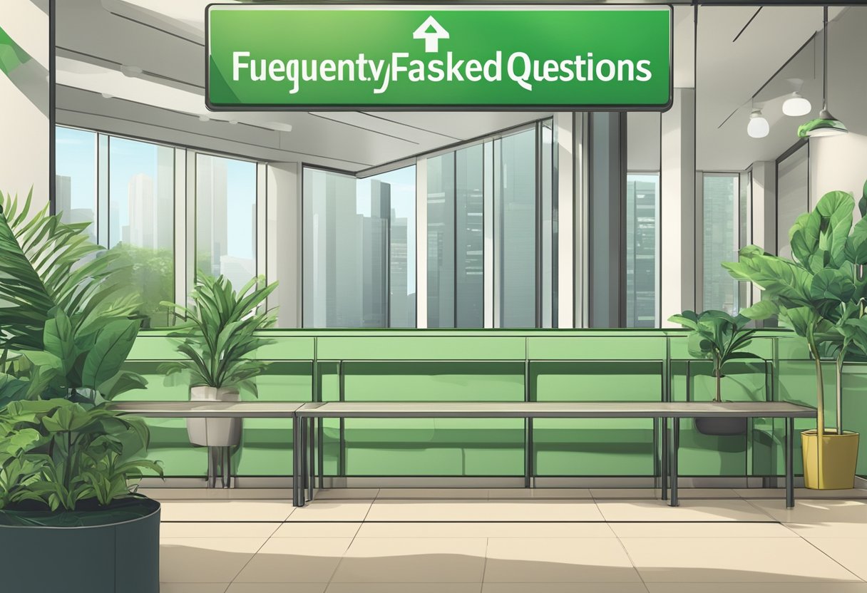 A green sign with "Frequently Asked Questions" in a common area in Singapore