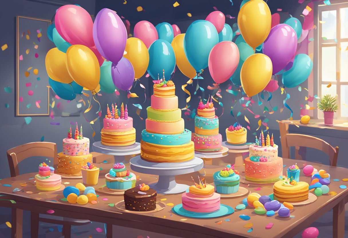 A table filled with colorful cakes and balloons, surrounded by smiling faces and cheerful chatter. The room is decorated with streamers and confetti, creating a festive and lively atmosphere