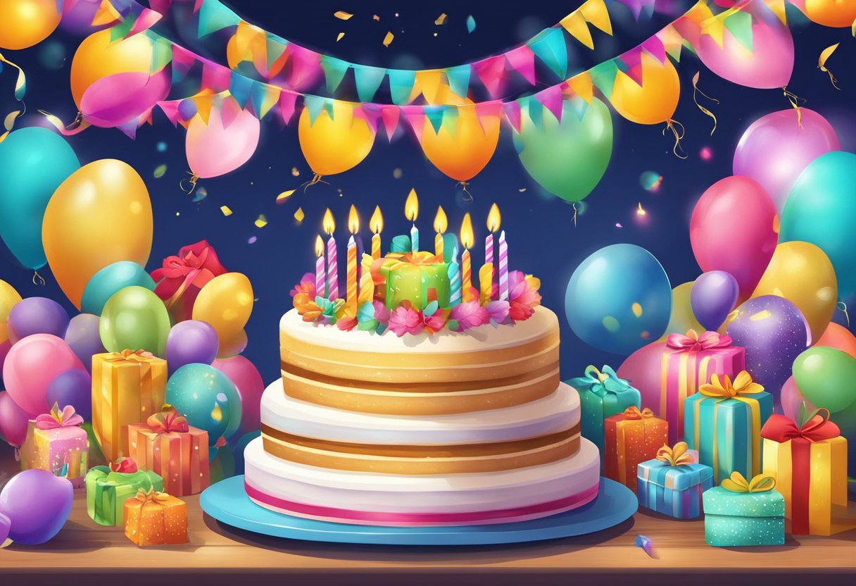 Colorful decorations, festive banners, and a birthday cake with candles at a lively Singaporean celebration