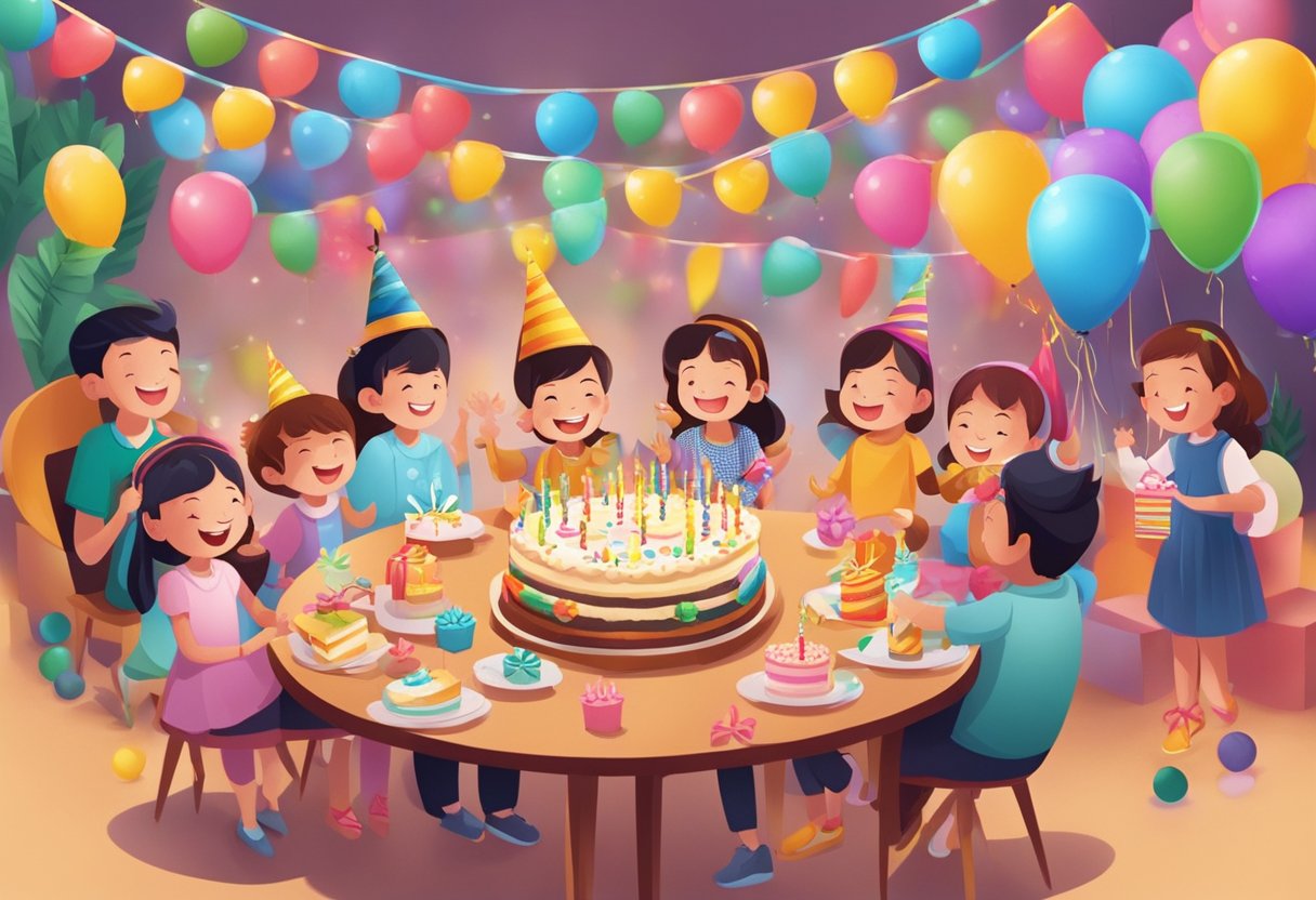 A festive scene with colorful decorations and a birthday cake, surrounded by smiling faces and lively music in Singapore