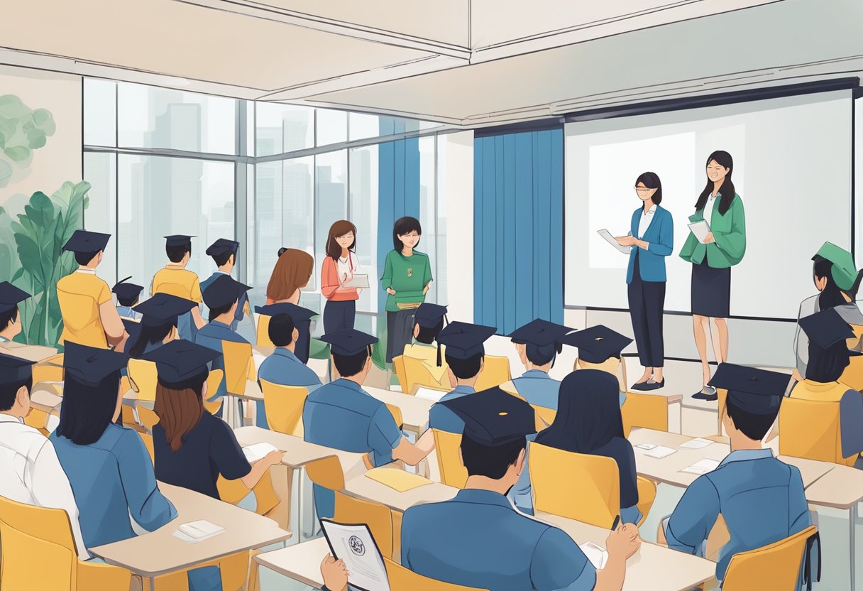 A group of graduates gather at the Singapore Polytechnic Graduates Guild, enjoying the benefits of membership. The guild emblem is prominently displayed, and members are engaged in various activities