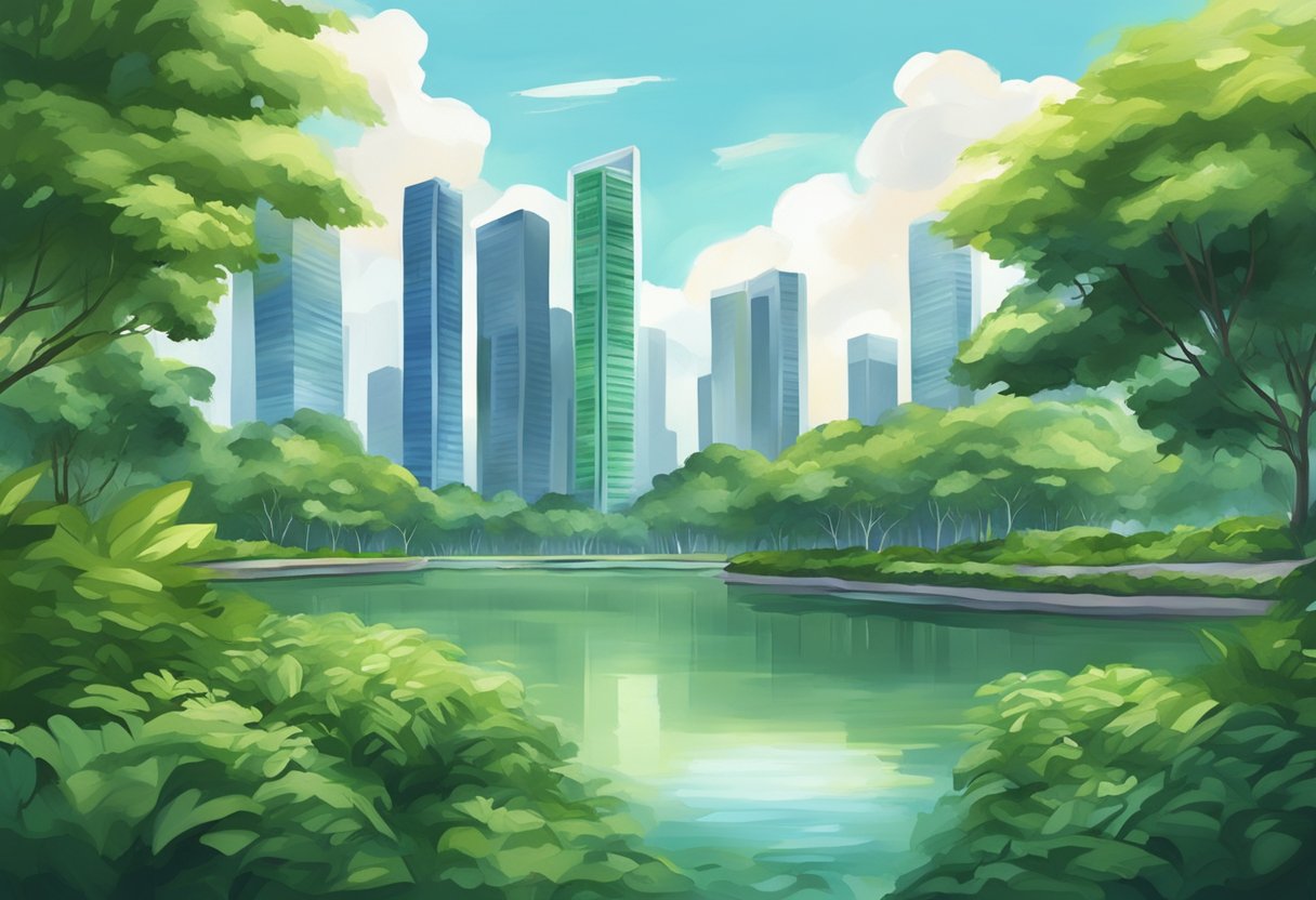 Lush greenery surrounds calm water, with towering buildings in the distance. A peaceful and serene atmosphere emanates from the Singapore reserves