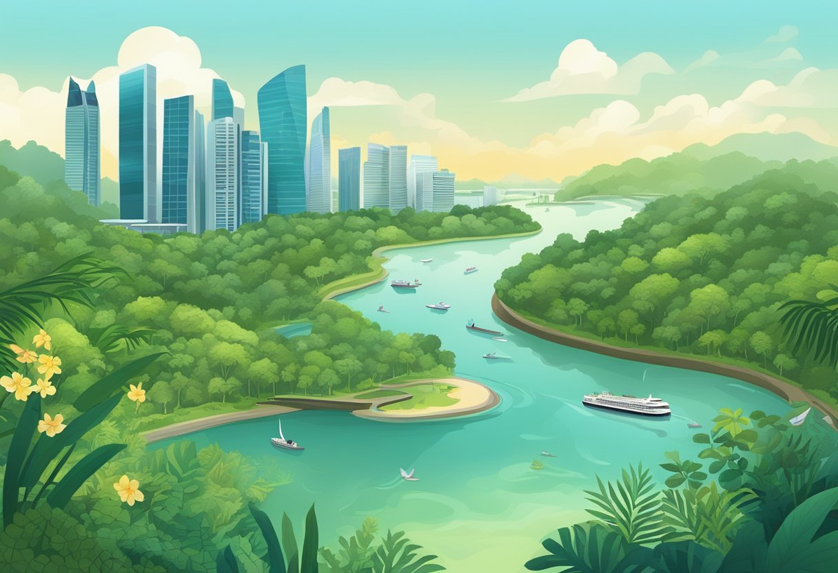 A panoramic view of Singapore's lush reserves with diverse flora and fauna, winding trails, and serene water bodies