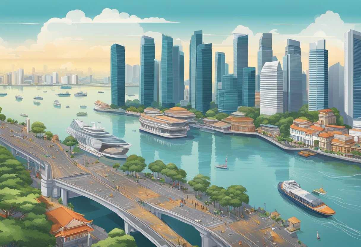 The bustling city of Singapore is depicted with towering skyscrapers and a thriving economy, symbolized by bustling financial districts and bustling ports. The scene highlights the country's economic impact and future challenges