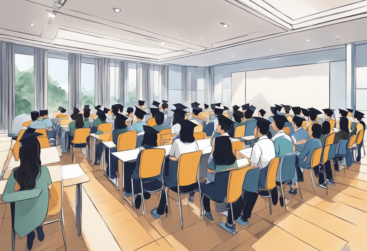 A group of graduates gather at the Singapore Polytechnic Graduates Guild, seeking answers to common questions. The room is filled with lively discussion and exchange of information