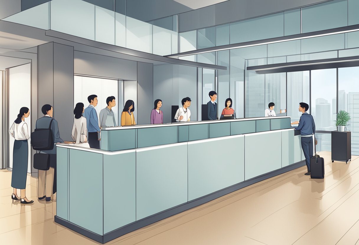 A line of people waiting at the reception desk of a modern office building with a sign that reads "Frequently Asked Questions Singapore Reserves."